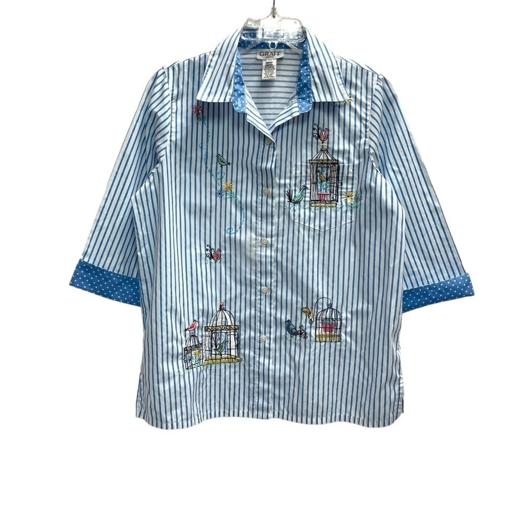 Graff buttoned down stripes polka dot shirt with embroidery size Petite M blue